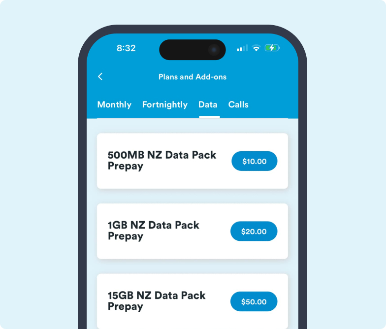 Screenshot of the Data Add ons page on the mobile app