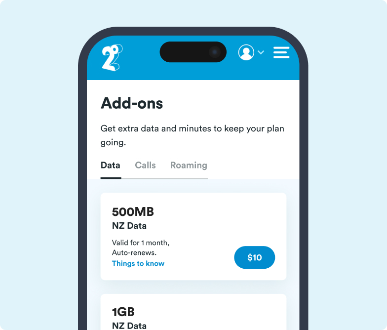 screengrab of the add ons page in My 2degrees
