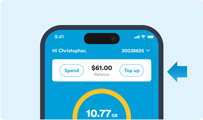 screengrab of the app with the top up bar marked