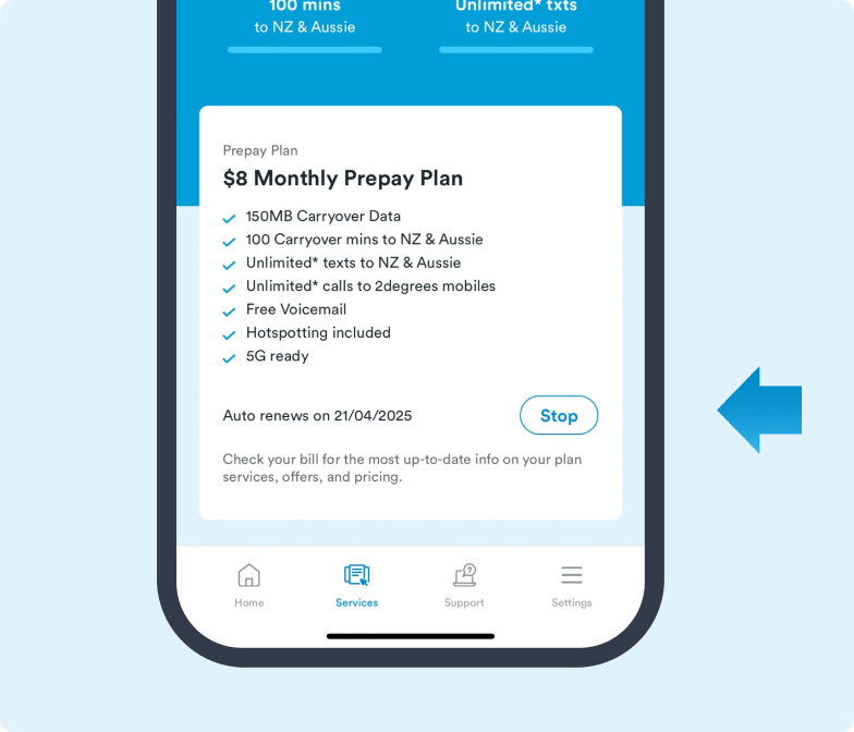 Screenshot of the mobile app showing the $8 Prepay plan