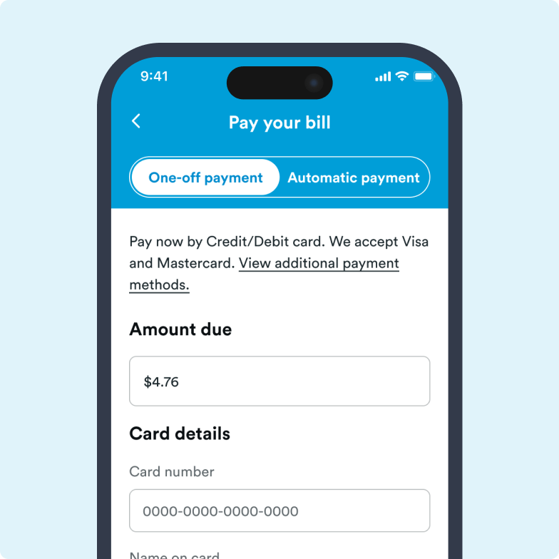 Screenshot of the mobile app showing where to make a one off payment