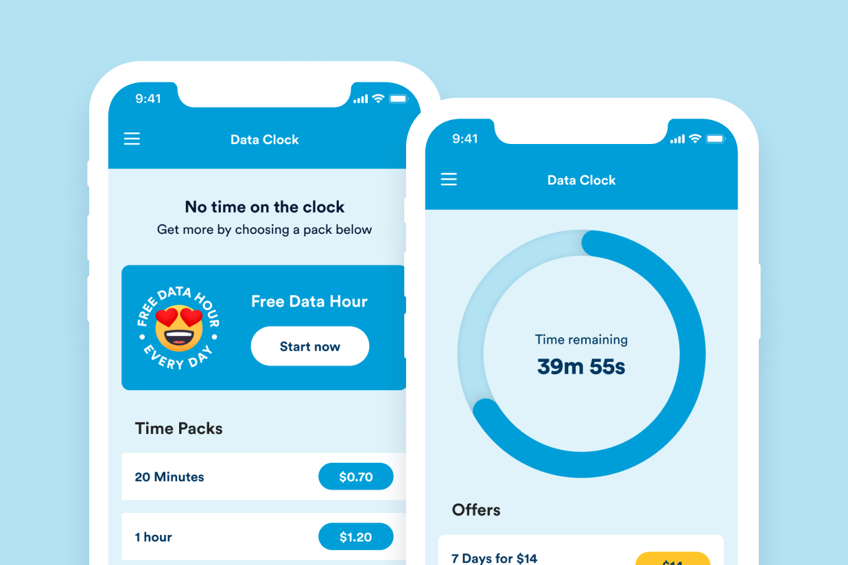 Screenshots of the data clock app showing the main screen and a screenshot of the time remaining after a pack has been started and partially used