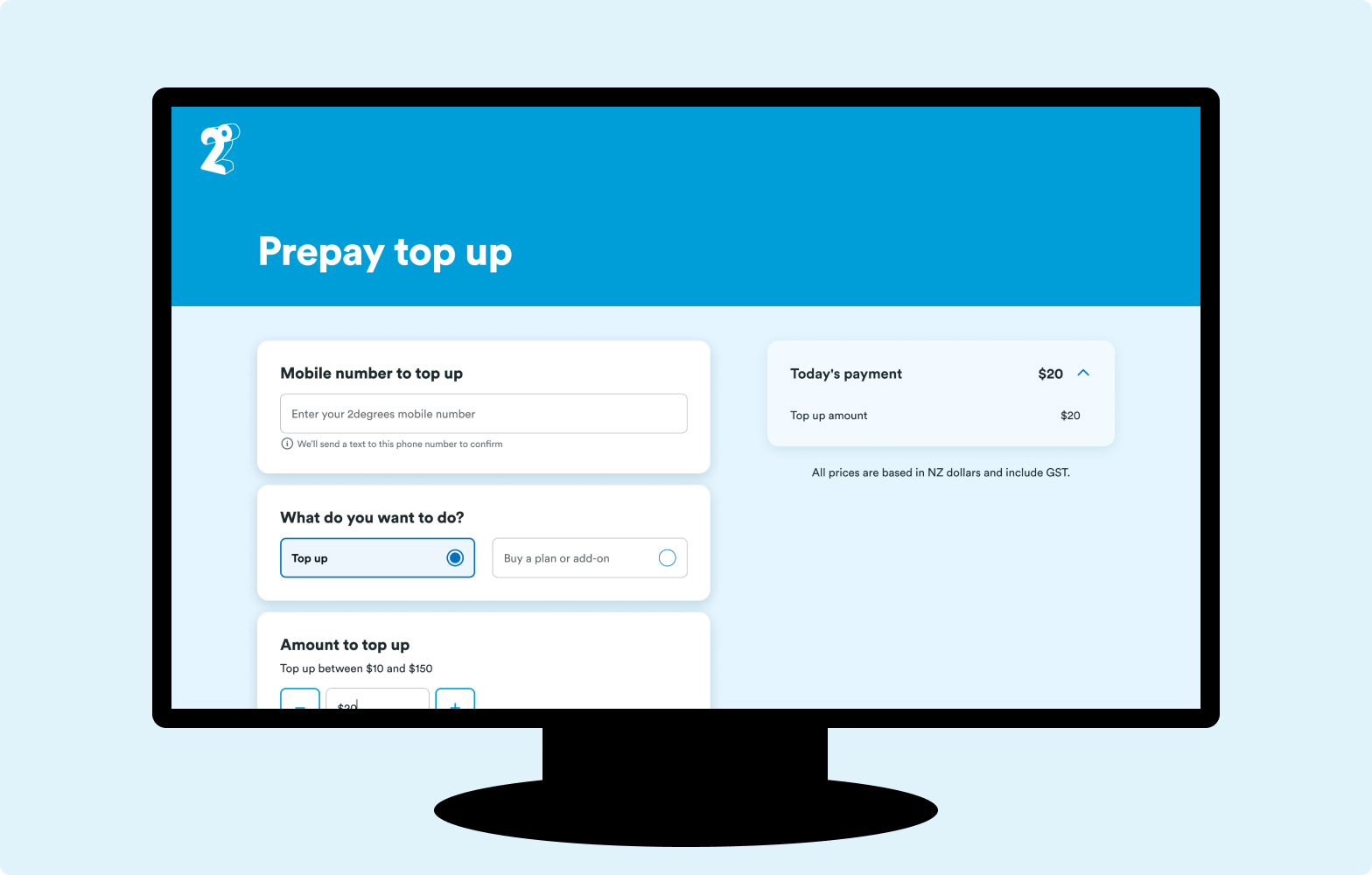 Screenshot of the 2degrees website for topping up and payment screen