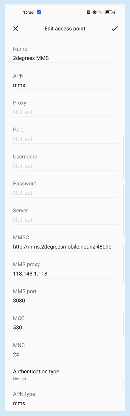 Screenshot of the OPPO APN settings