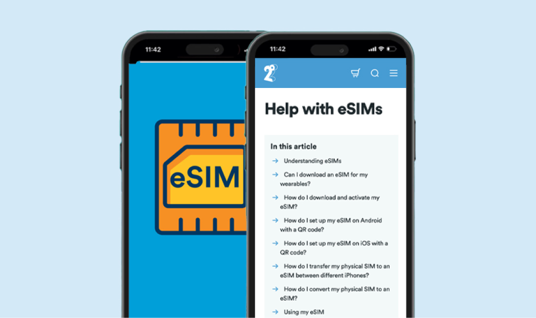 Screenshots of the 2degrees Help with eSIMs help page