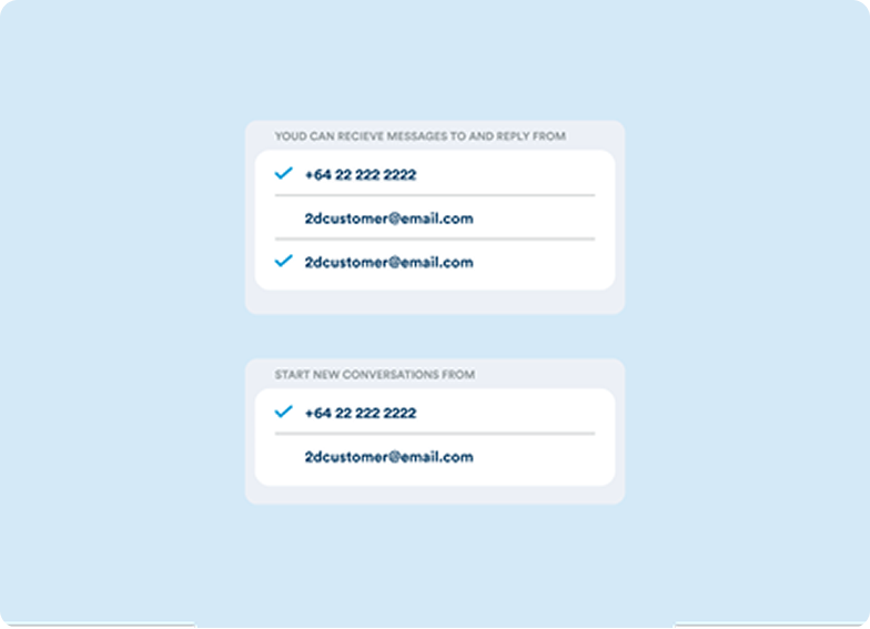 Illustration of settings showing how user can select which number or email address messages are sent or received from