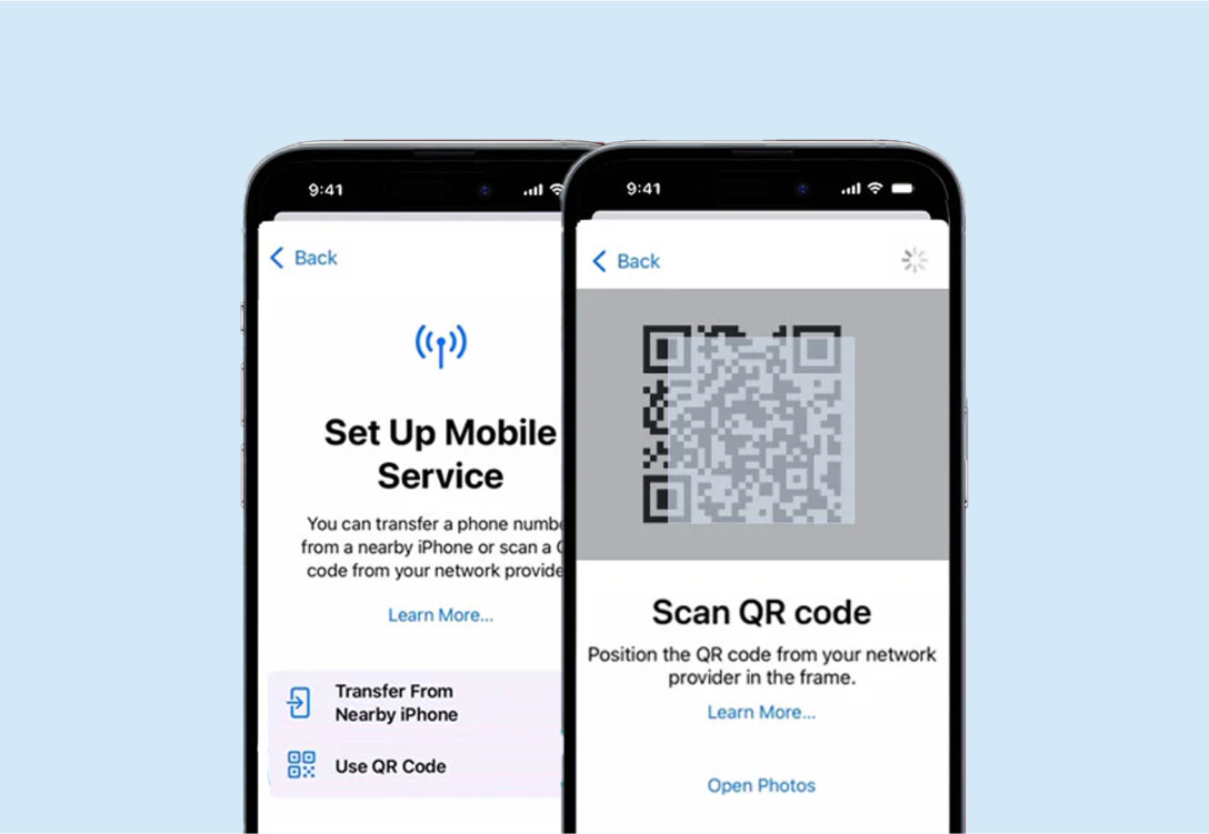 Screenshot of a smartphone going through the QR code setup for an eSIM