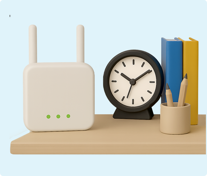 3D image of a wireless modem sitting on a shelf with a clock and books