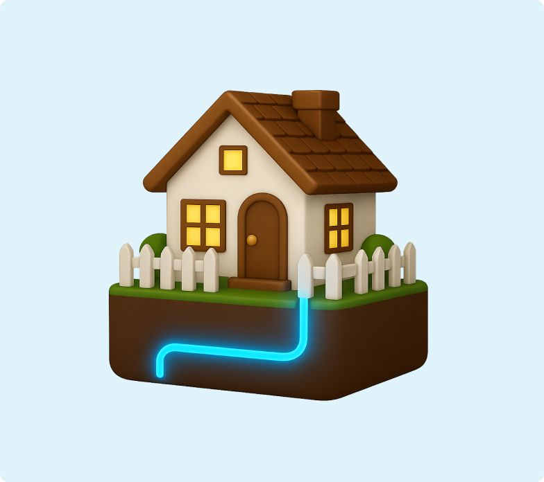 3D emoji of a house showing a fibre line running into the property underground