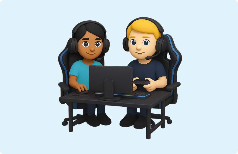 3D emoji of a man and a woman sitting at a desktop computer playing video games one with a controller and the other with the mouse