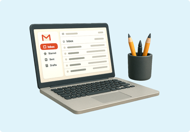 3D emoji of a laptop opened to Gmail and a container of pencils beside the laptop