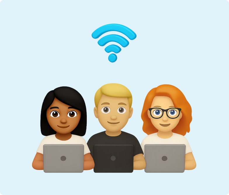 3D emojis of two women and a man working on laptops connected to wifi