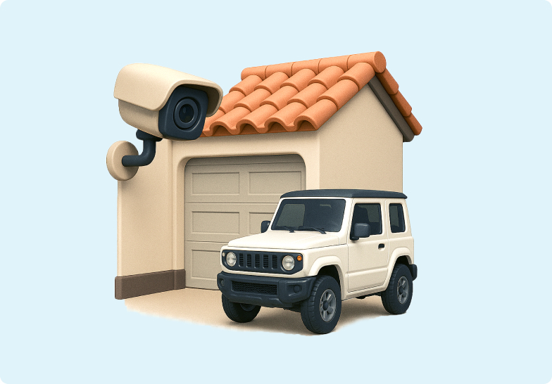 3D emoji of a house and a security camera pointing at the Suzuki Jimny parked outside