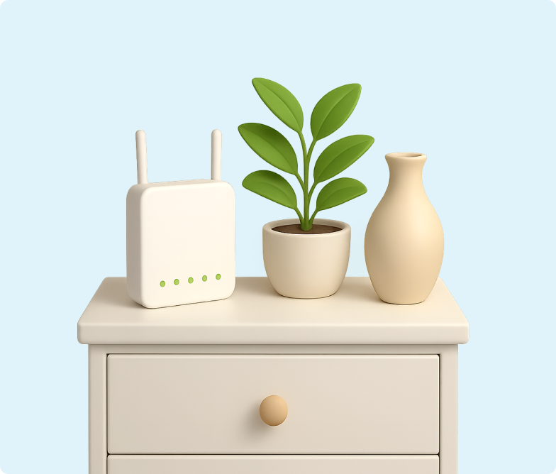 3D emoji image of a bedside table with a vase, modem and small plant on the top