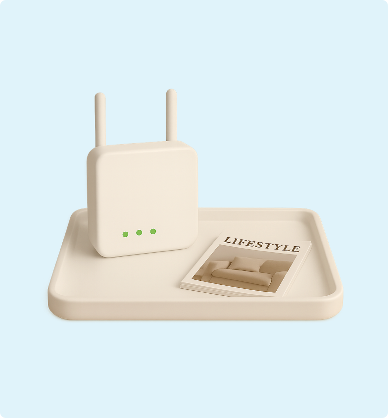 3D emoji of a decorative tray with a modem sitting on a tray and a magazine