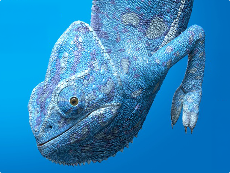 Image of a CGI blue chameleon from the Turn Blue campaign