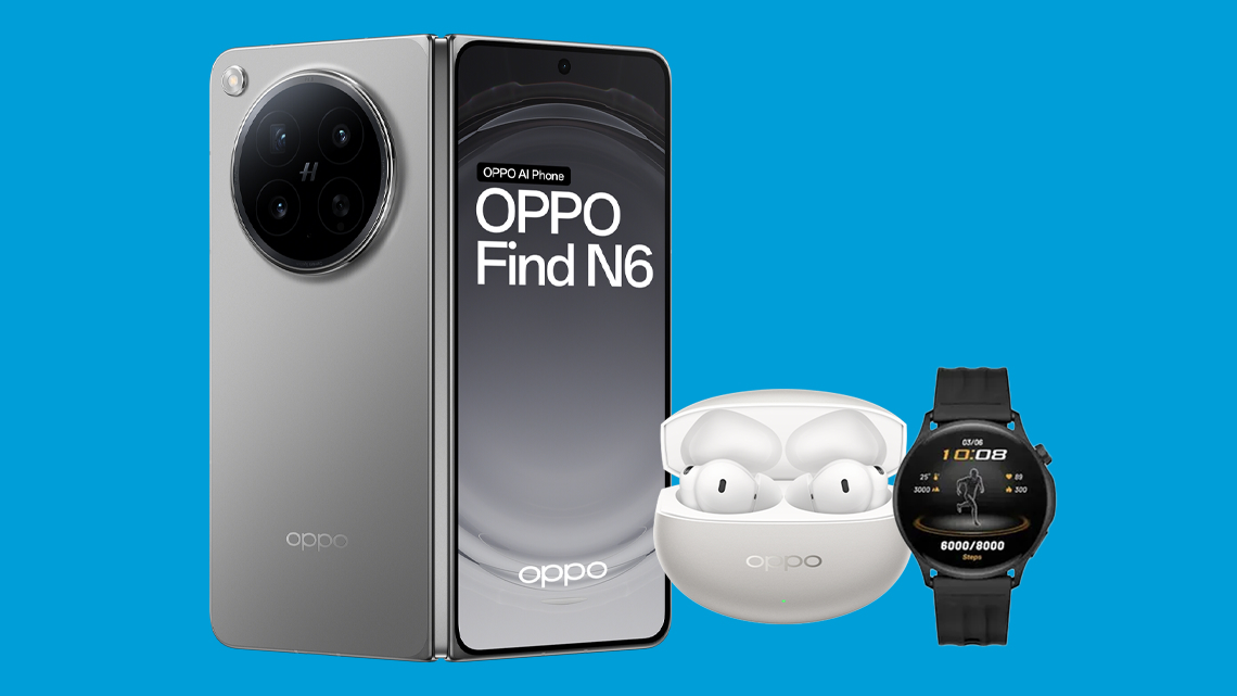 OPPO Find N6 device with buds and watch on a blue background