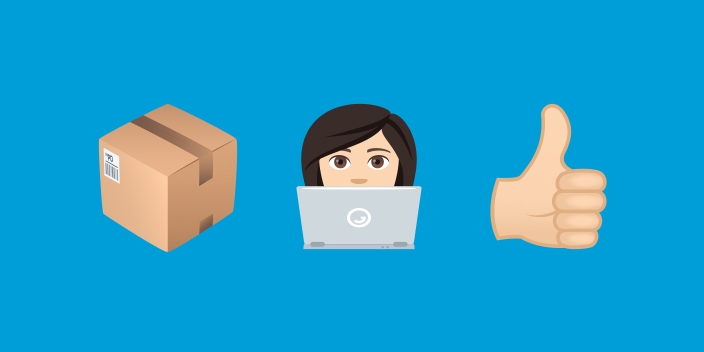 Emojis of a parcel, woman working on a laptop and a thumbs up